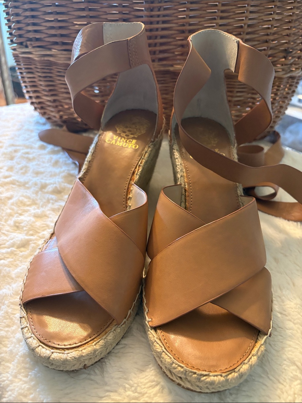Vince Camuto Cognac Leather Crisscross Espadrille Lace Up Wedge Sandals (9.5)
